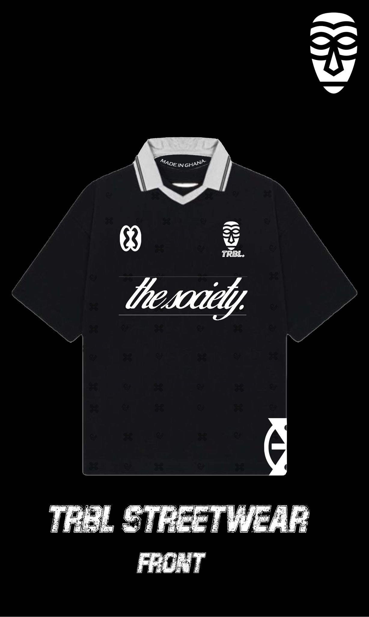 Front of the Black / White TRBL Society Polo
