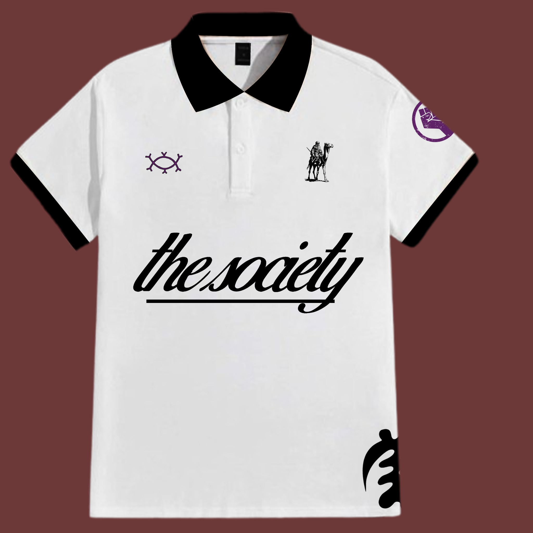 Front of the White / Black TRBL Society Polo